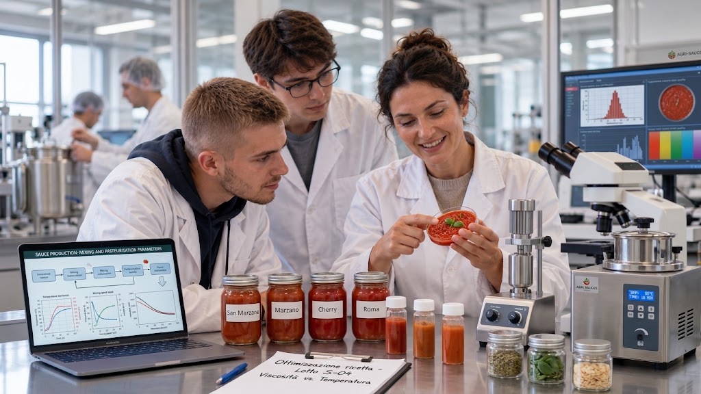 Studenti ITS in camice analizzano un campione di passata di pomodoro in un laboratorio di trasformazione agroalimentare