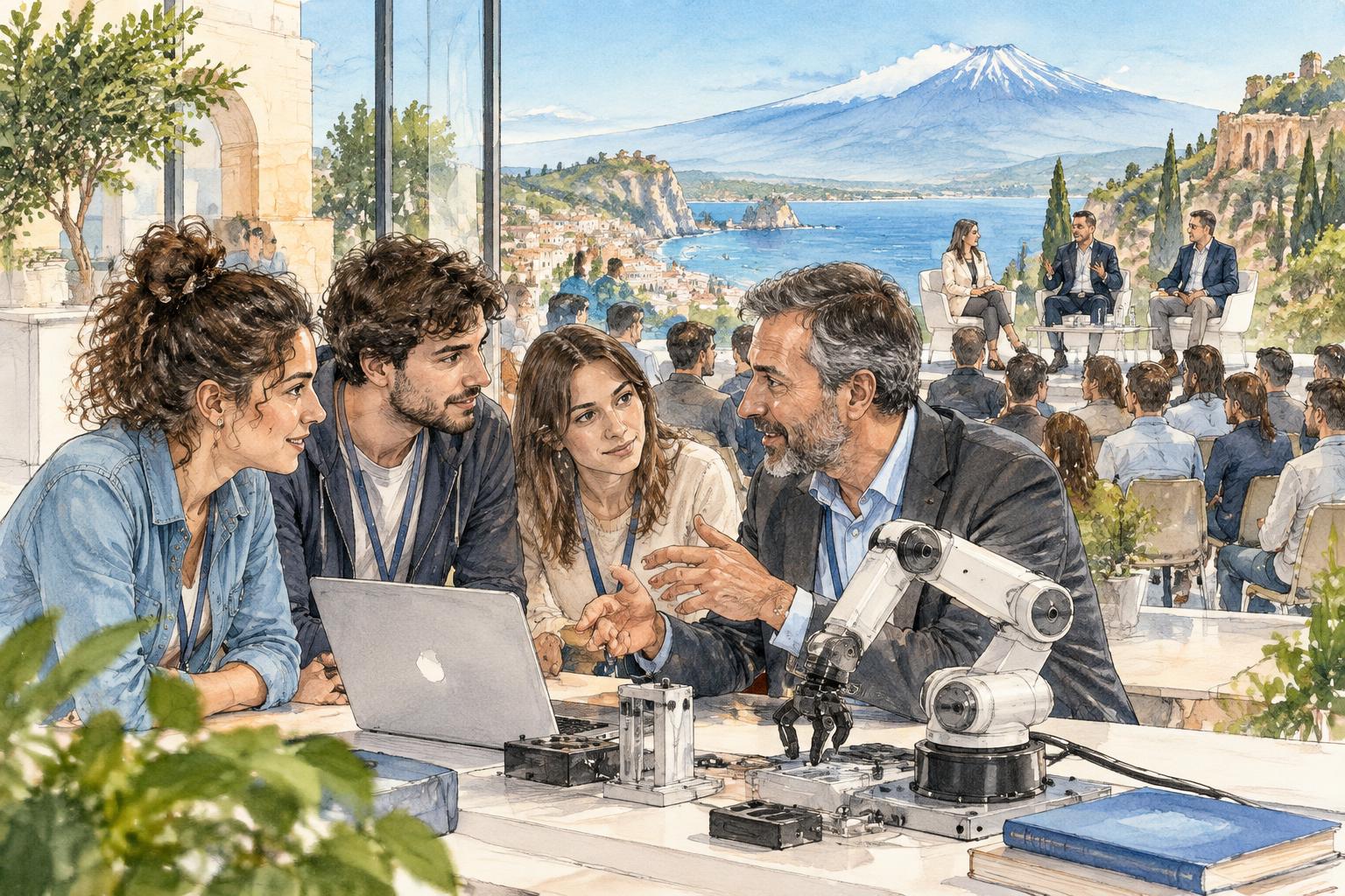 Sketch colorato ambientato idealmente a Taormina: giovani e un professionista attorno a un braccio robotico, con un panel di relatori sullo sfondo