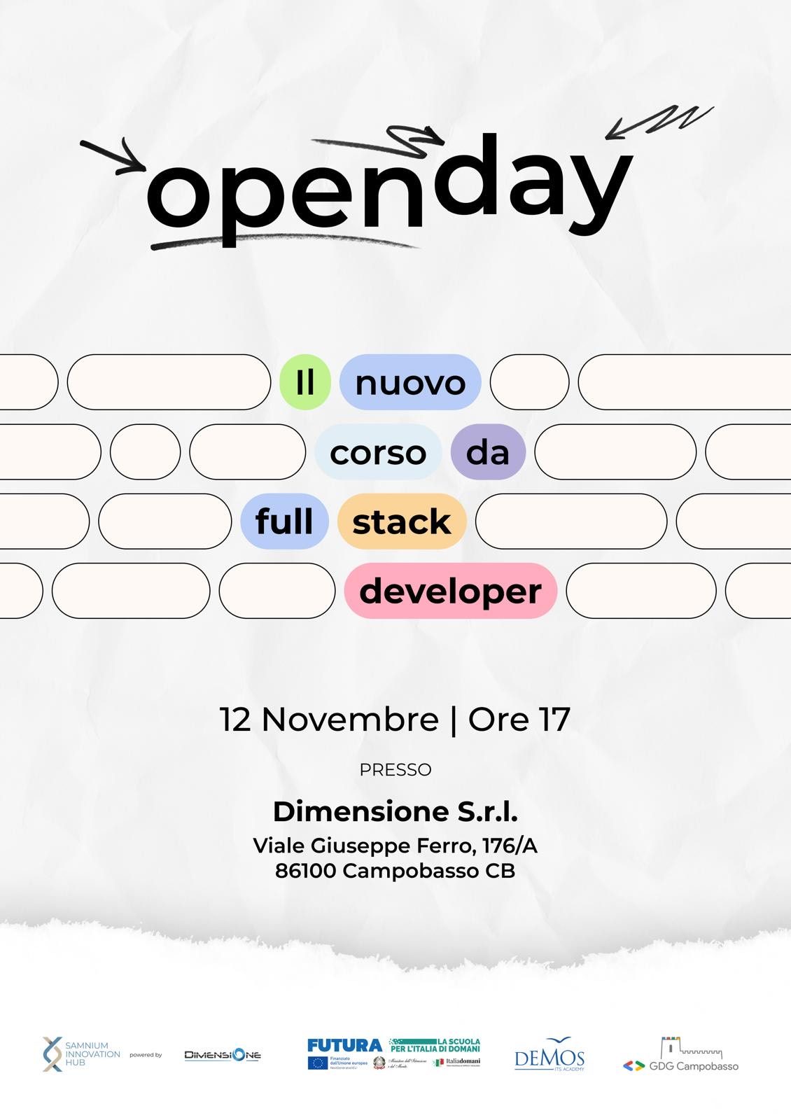 Nuovo Open Day per il Corso ITS Demos Full Stack Developer, in collaborazione con Samnium Innovation Hub