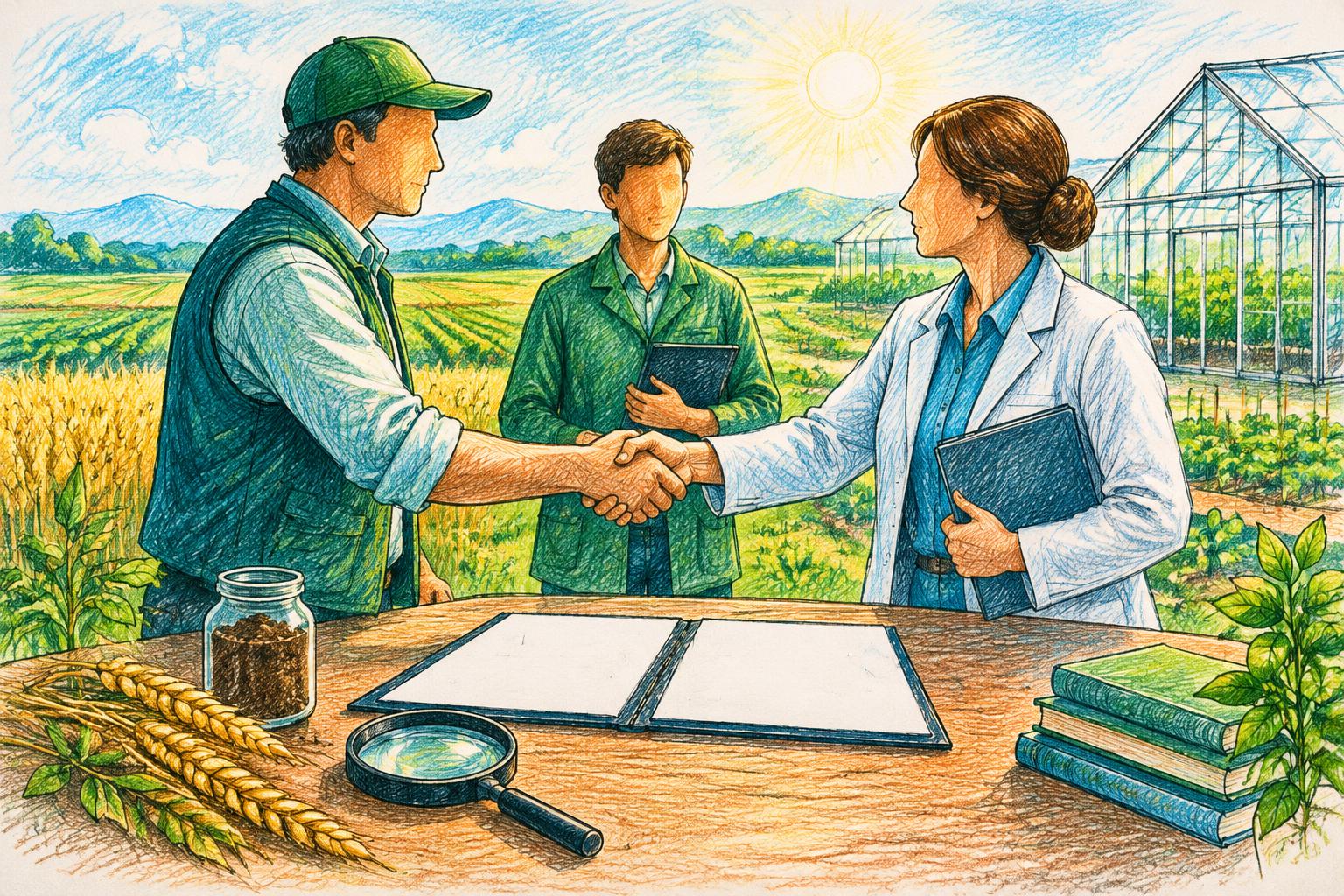 Illustrazione sketch colorata: collaborazione fra rete AgrITS e professionisti agrari