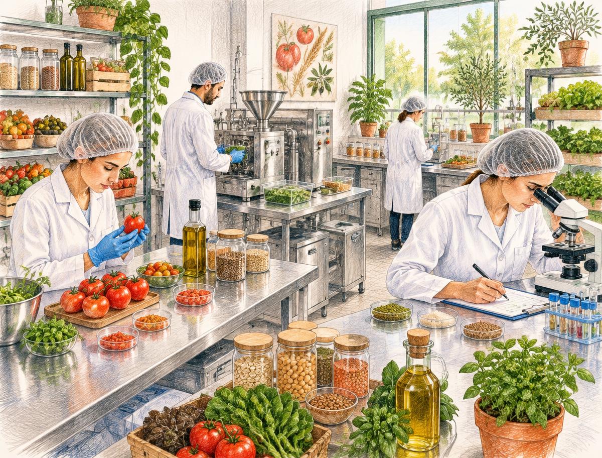 Illustrazione a sketch colorato del laboratorio Agro Lab: postazioni di analisi, trasformazione e controllo qualità degli alimenti