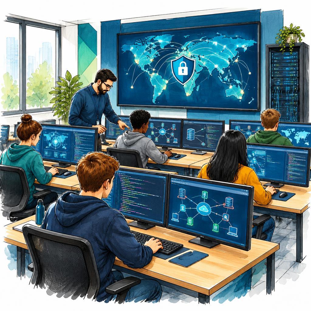 Illustrazione a sketch colorato del laboratorio Cyber Lab: postazioni con monitor dedicati alla sicurezza informatica e grande schermo con mappa delle reti e scudo