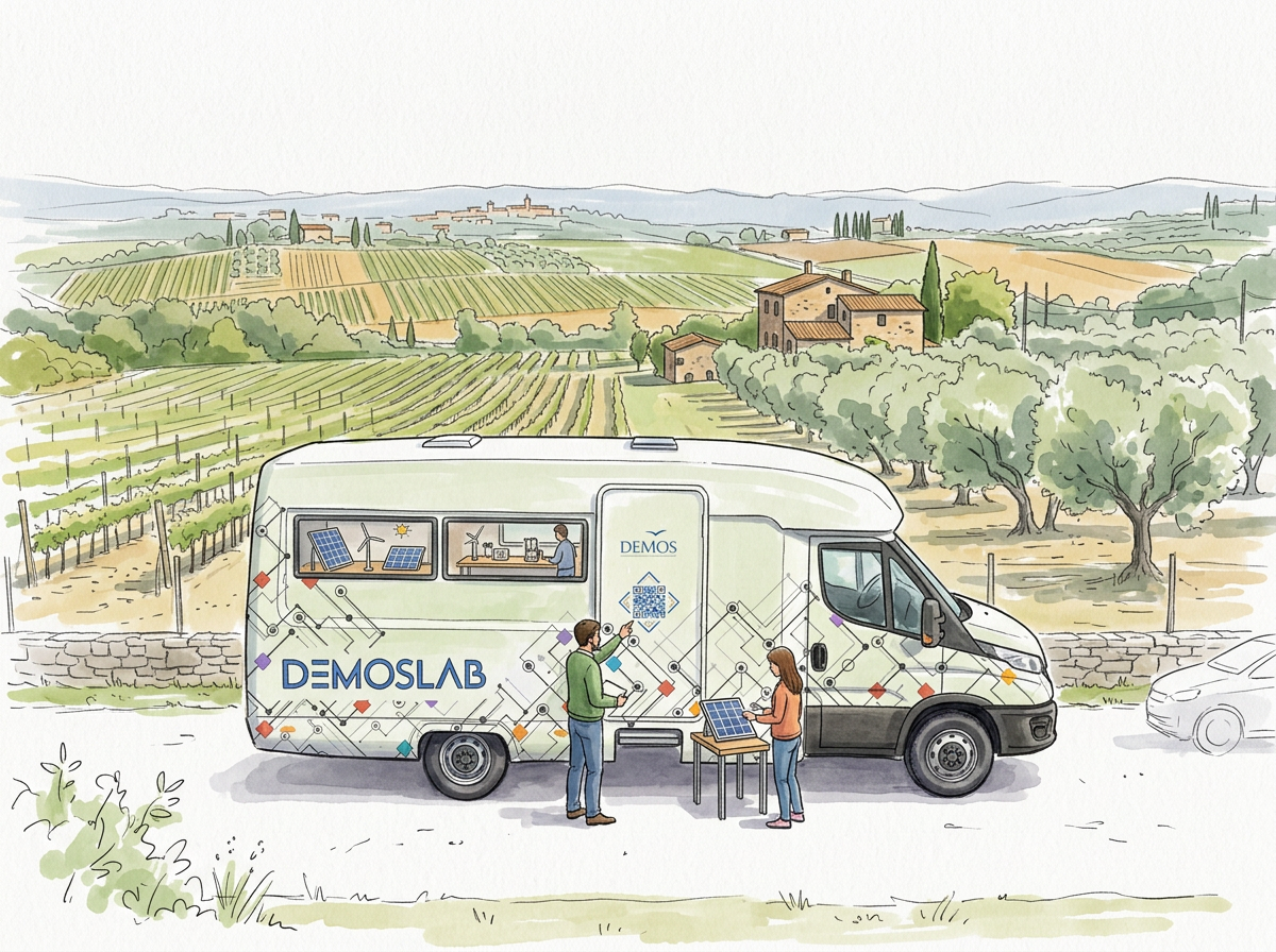Illustrazione a sketch colorato del DEMOS Lab mobile: il veicolo laboratorio in visita in un paese del territorio