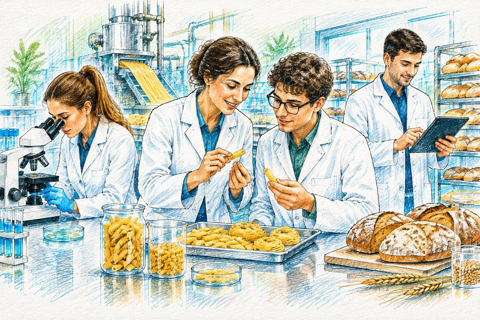Illustrazione sketch colorata: giovani diplomati al lavoro nel settore agroalimentare