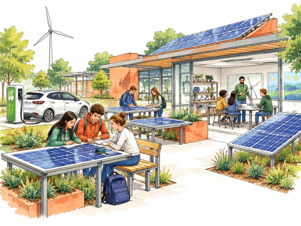 Illustrazione a sketch colorato del laboratorio Energy Lab: panchine fotovoltaiche, stazione di ricarica per veicoli elettrici e pannelli solari in un ambiente di apprendimento all’aperto