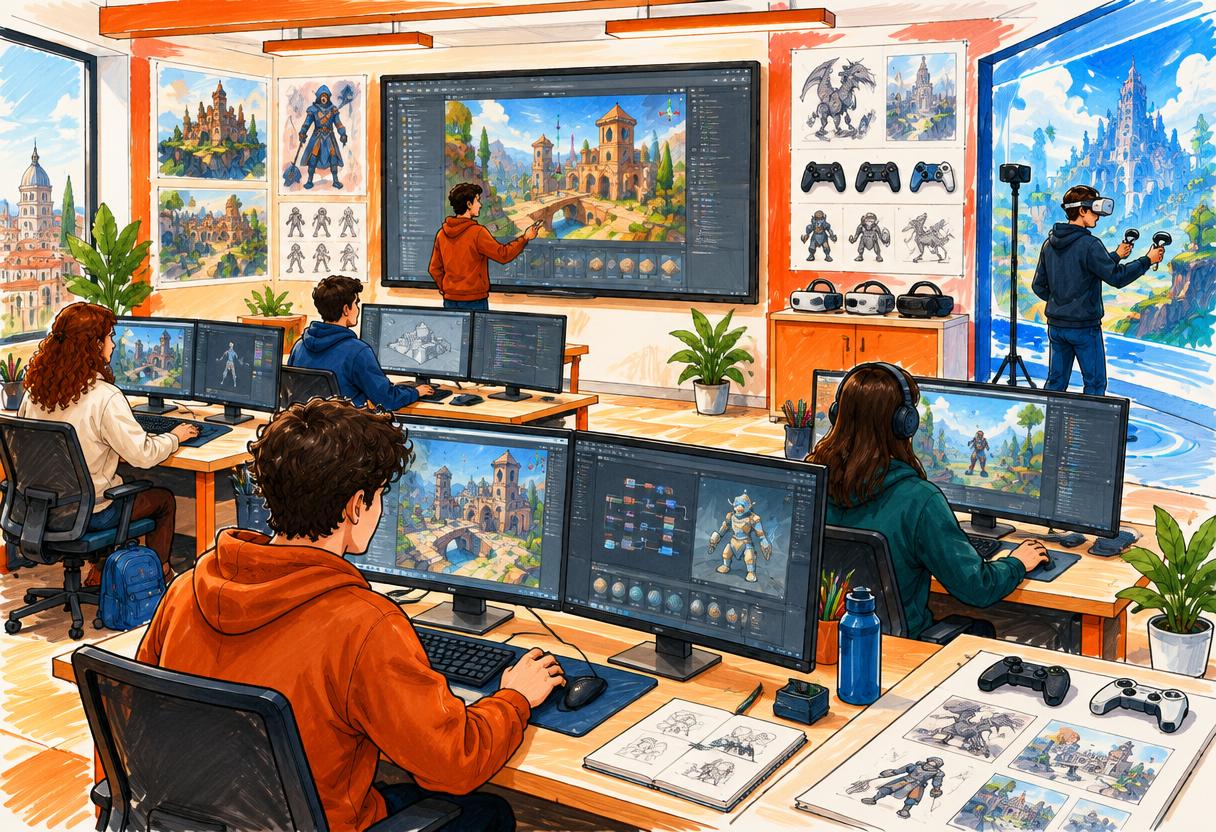 Illustrazione a sketch colorato del laboratorio Game Factory: postazioni di sviluppo videogame, schermi con level editor e postazione di realtà virtuale