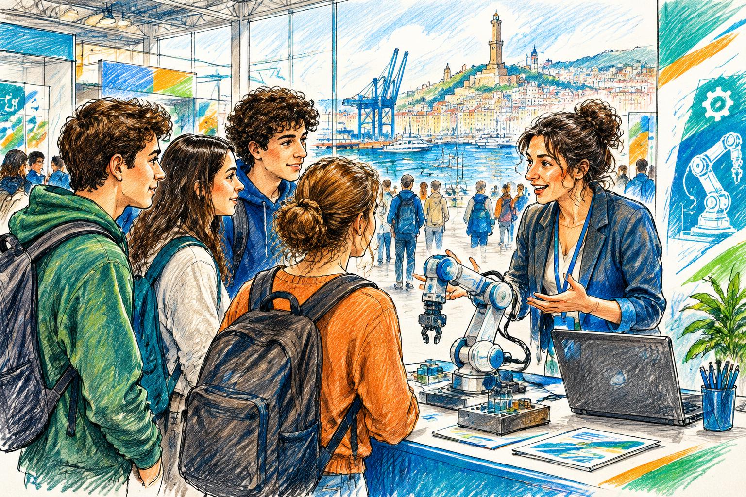 Illustrazione sketch colorata: studenti al salone dell’orientamento di Genova