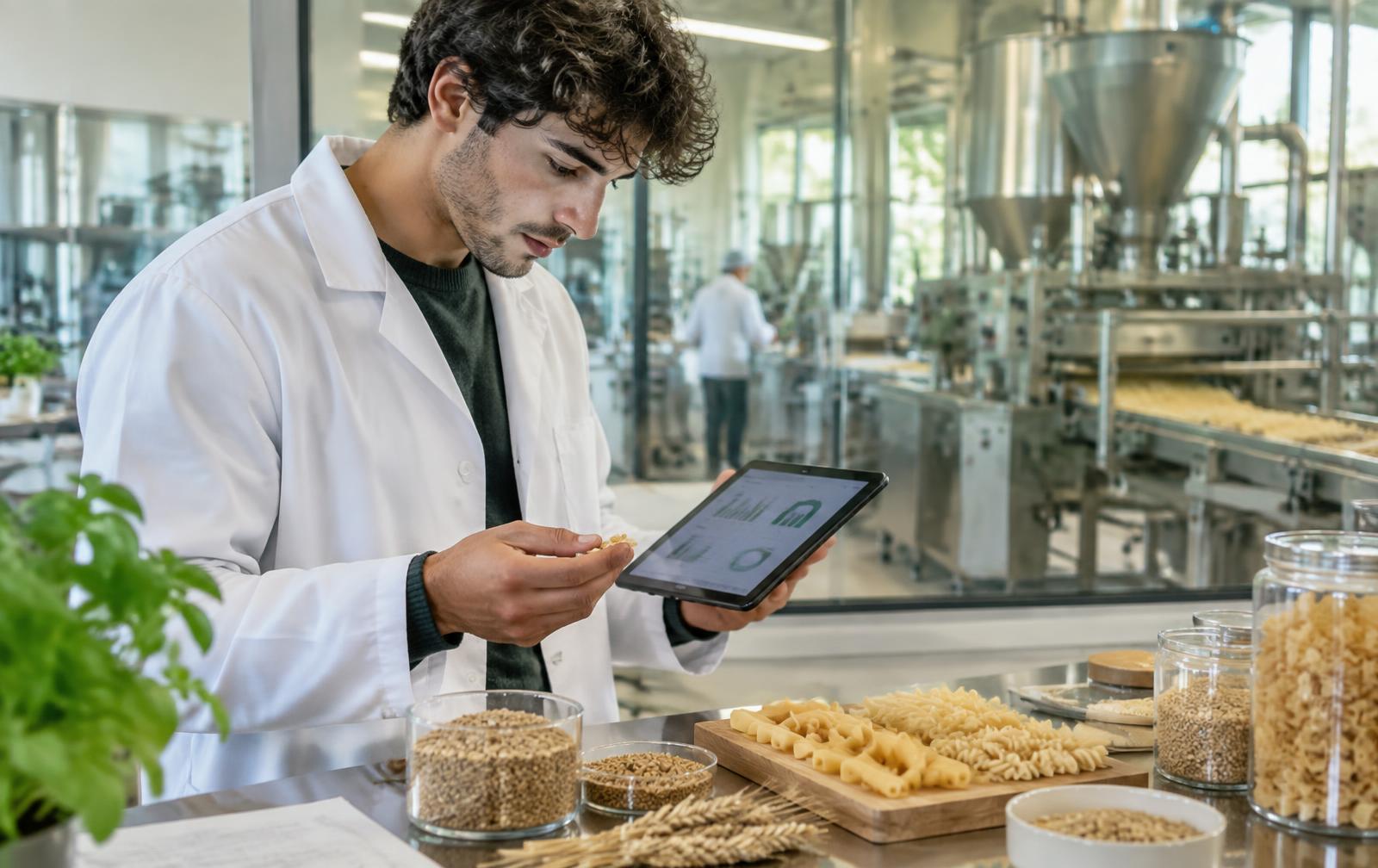 Studente ITS in camice analizza campioni di grano e pasta con un tablet in un laboratorio qualità
