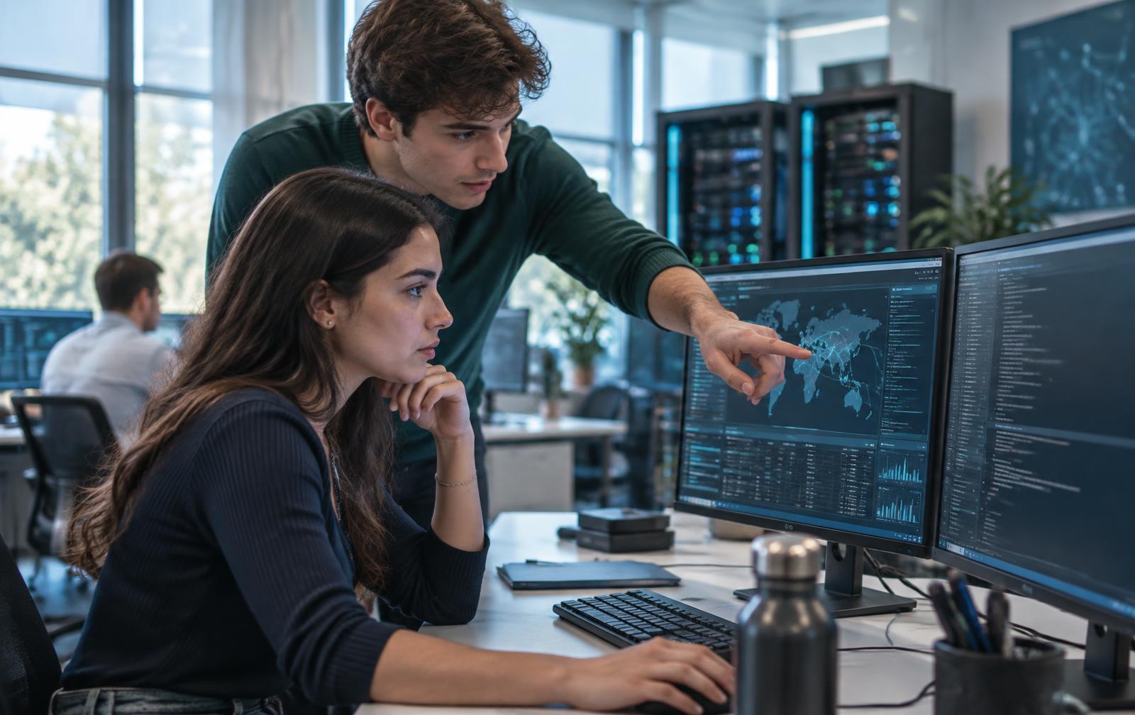 Due studenti ITS analizzano una dashboard di sicurezza di rete in un laboratorio IT