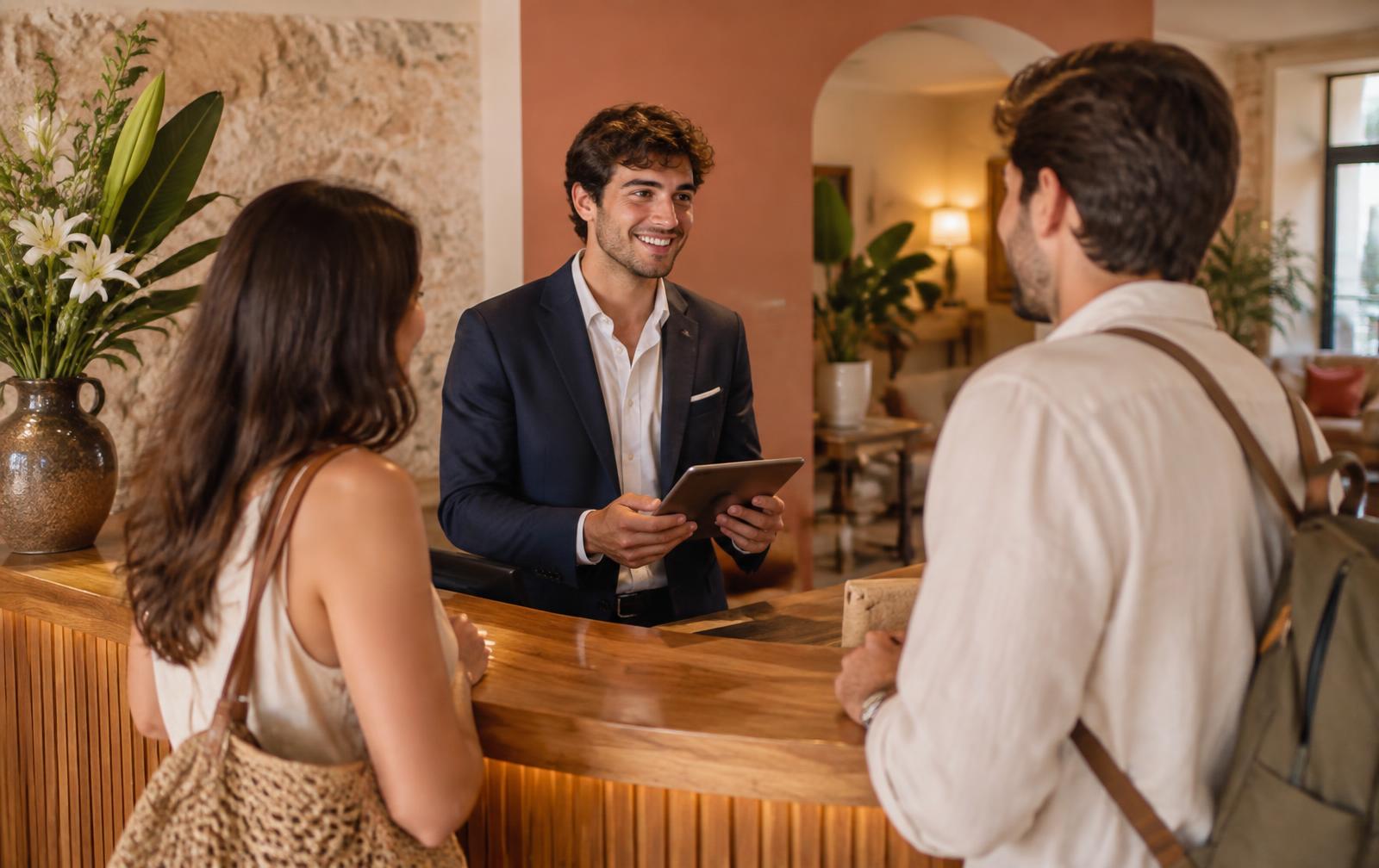 Studente ITS accoglie due ospiti alla reception di un hotel boutique