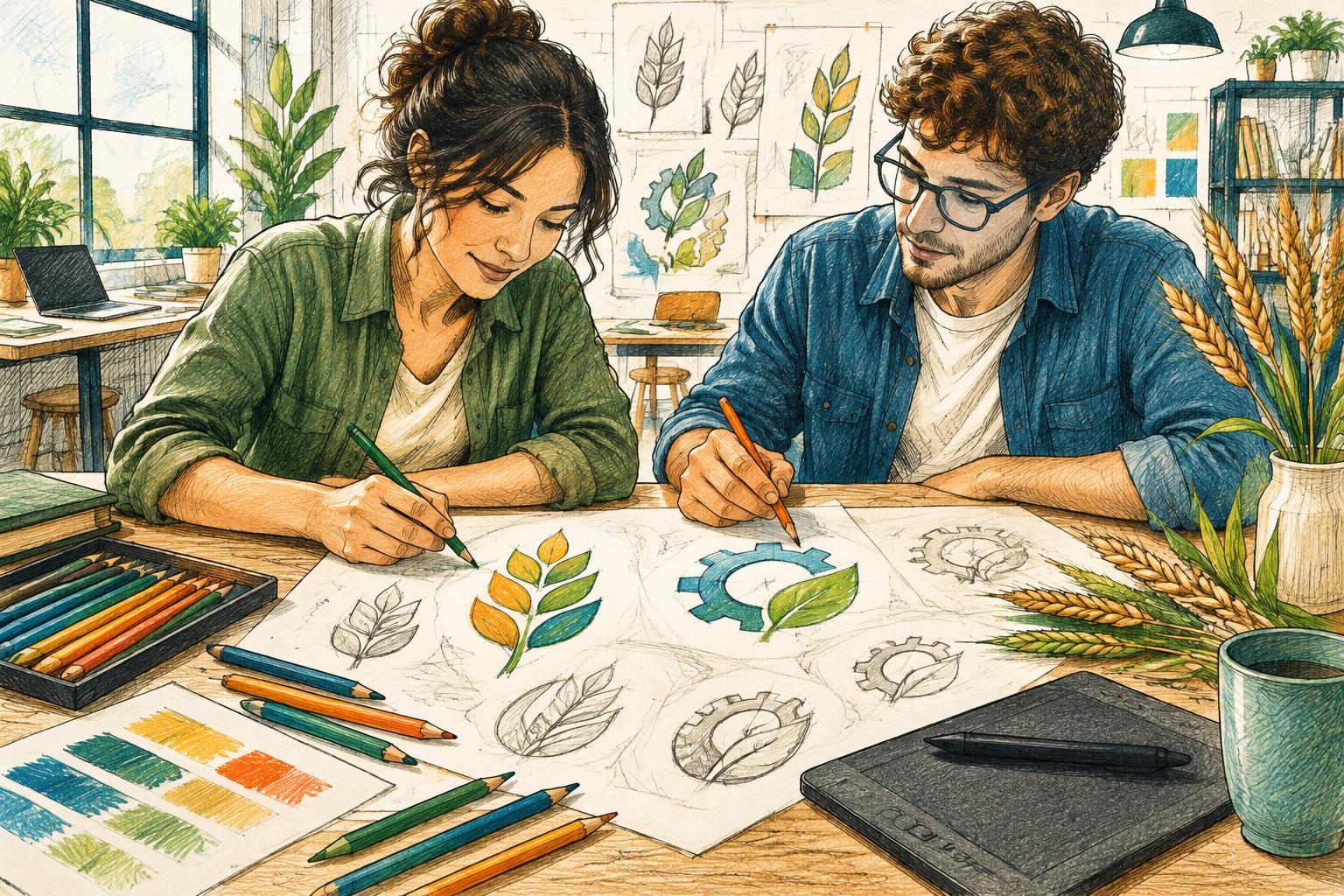 Illustrazione sketch colorata: progettazione creativa di un logo agroalimentare