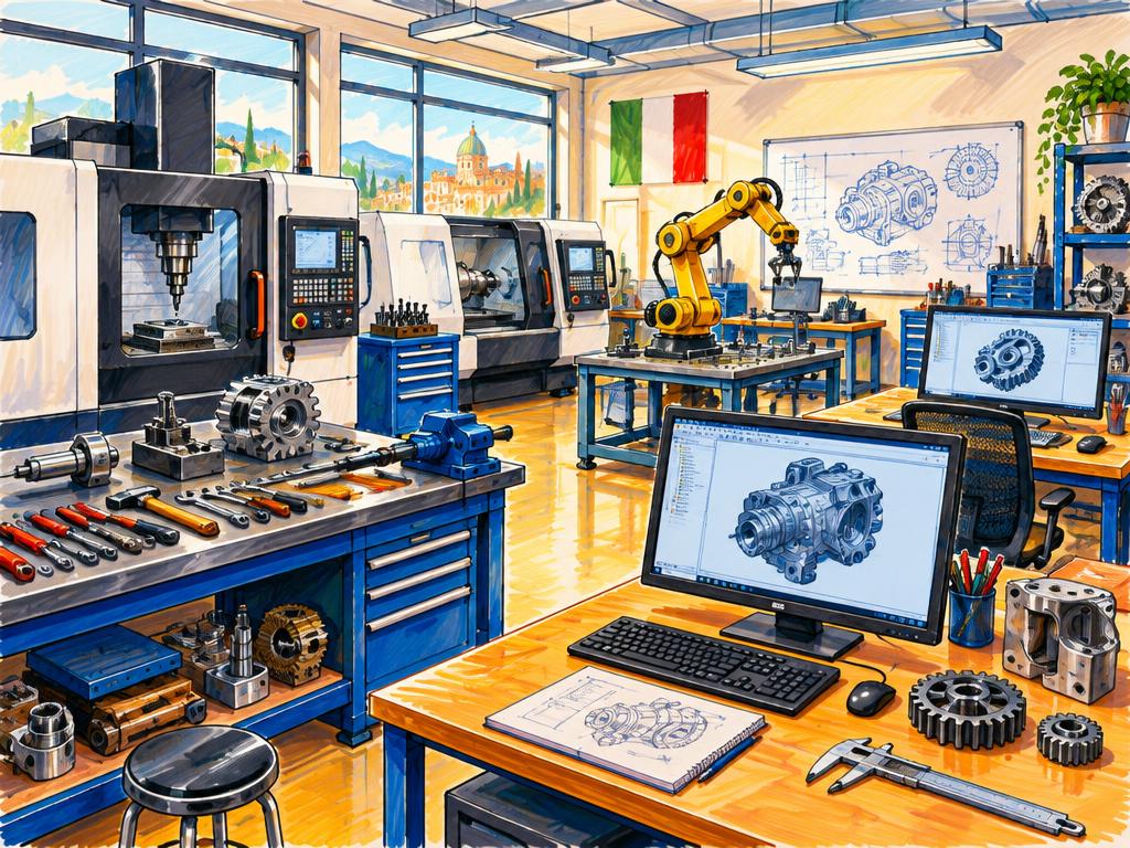 Illustrazione a sketch colorato del laboratorio Mech Lab: macchine a controllo numerico, postazioni CAD e componenti meccanici