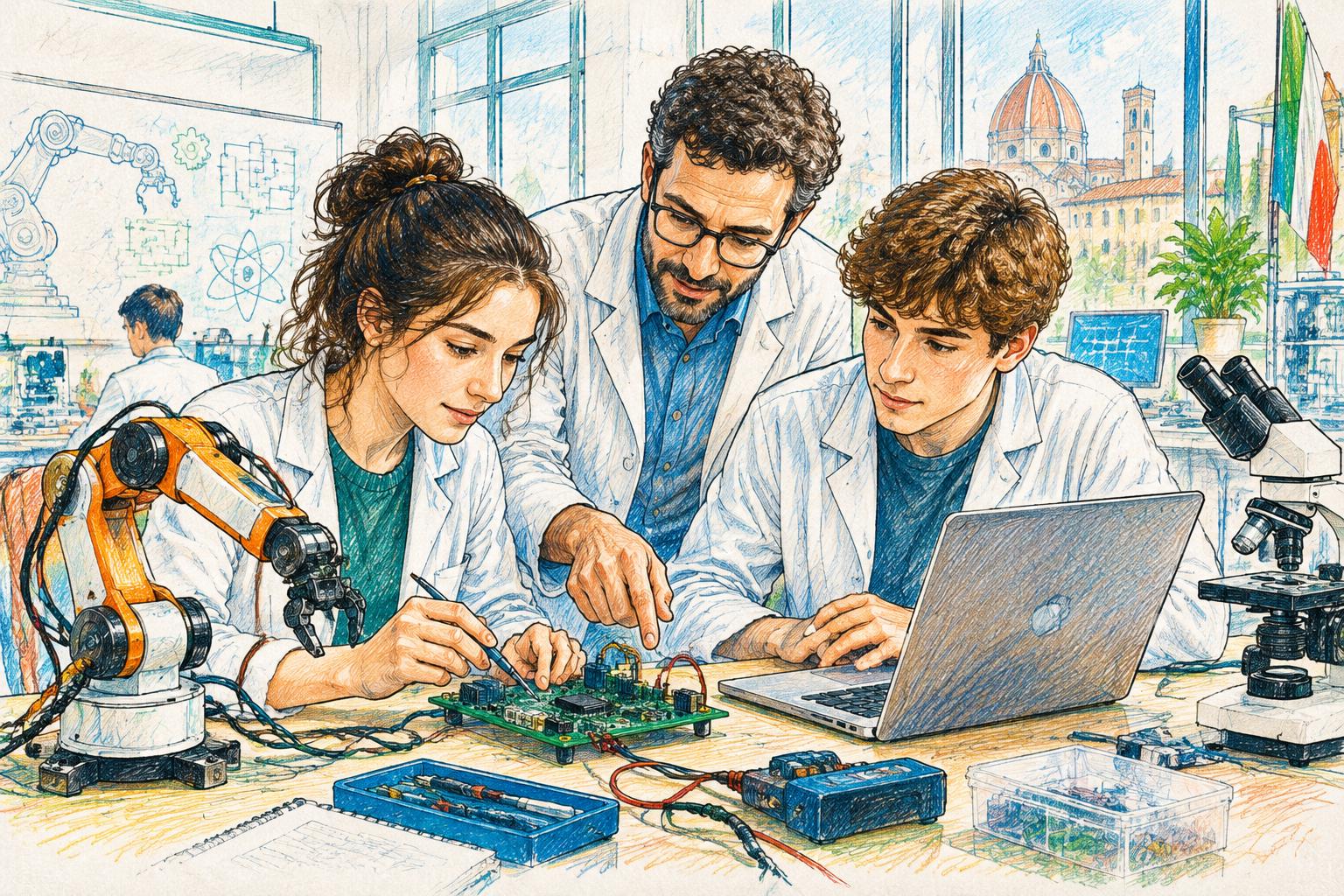 Illustrazione sketch colorata: formazione tecnico-scientifica in laboratorio