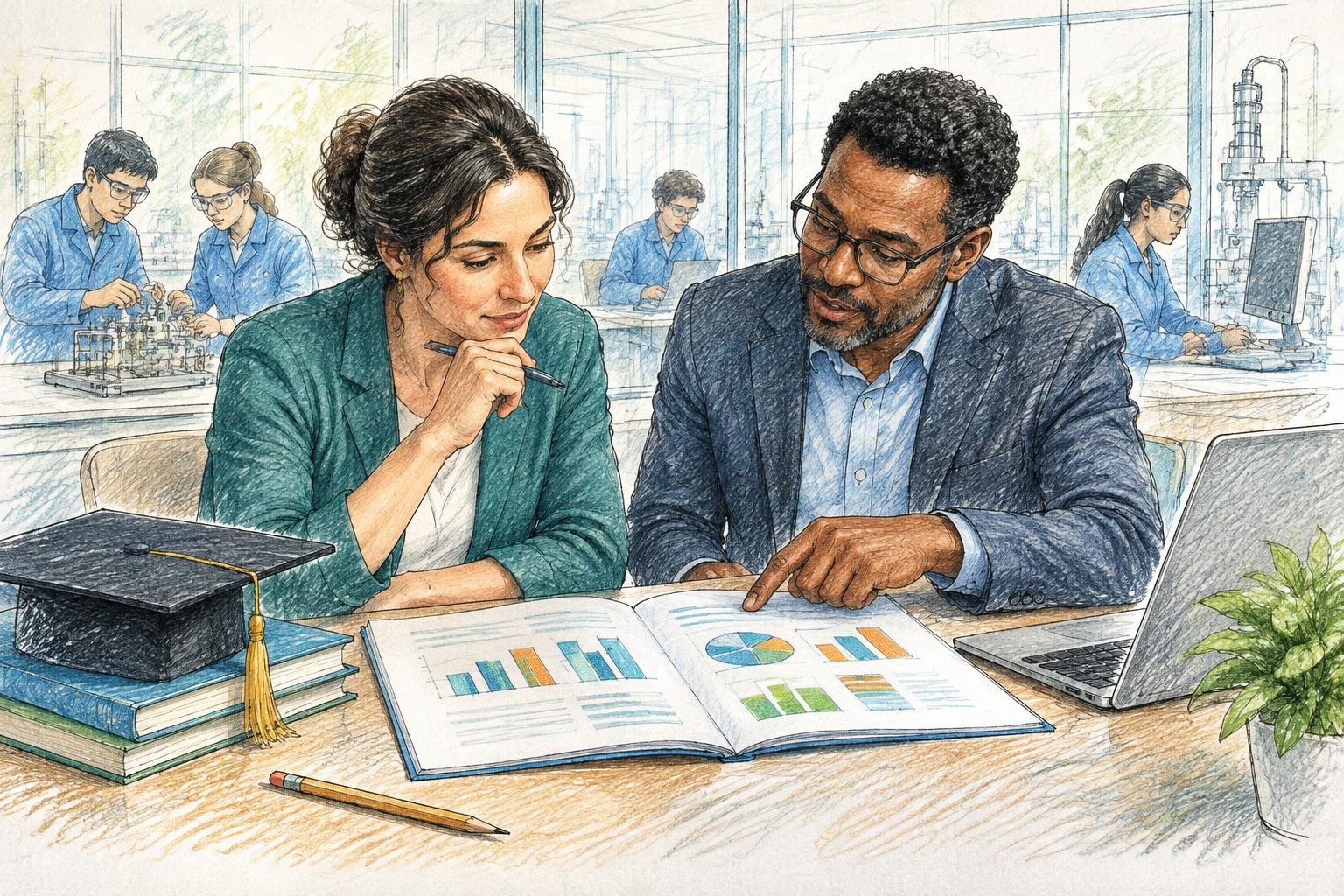 Illustrazione sketch colorata: analisi e monitoraggio dei percorsi ITS