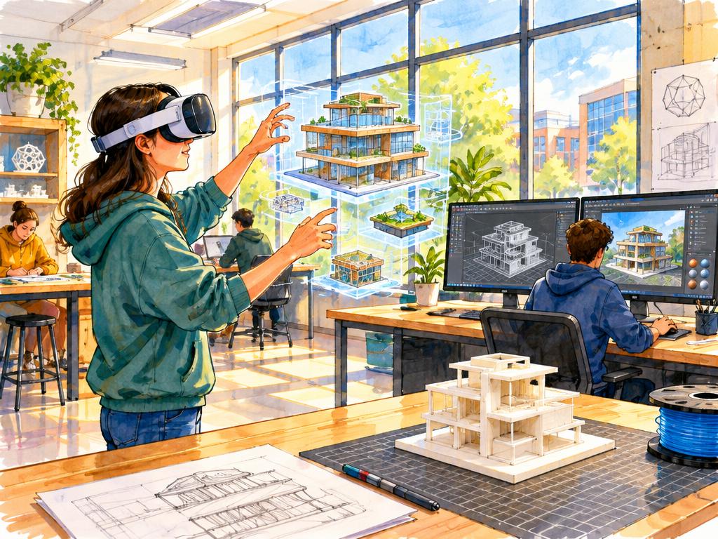 Illustrazione a sketch colorato del laboratorio Virtual 3D Lab: studente con visore di realtà virtuale che interagisce con modelli 3D fluttuanti, postazioni di modellazione e prototipo stampato in 3D
