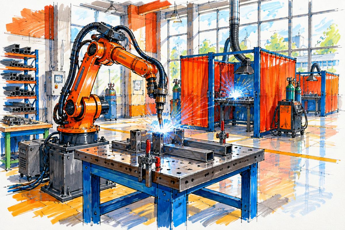 Illustrazione a sketch colorato del laboratorio Weld Tech Lab: robot per la saldatura, postazioni di lavoro e cabine di saldatura